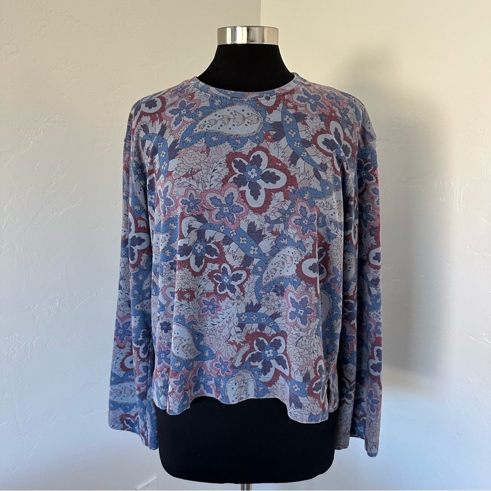 Anthropologie Sundry Floral Long Sleeve Top Blue burgundy paisley w/bell sleeves